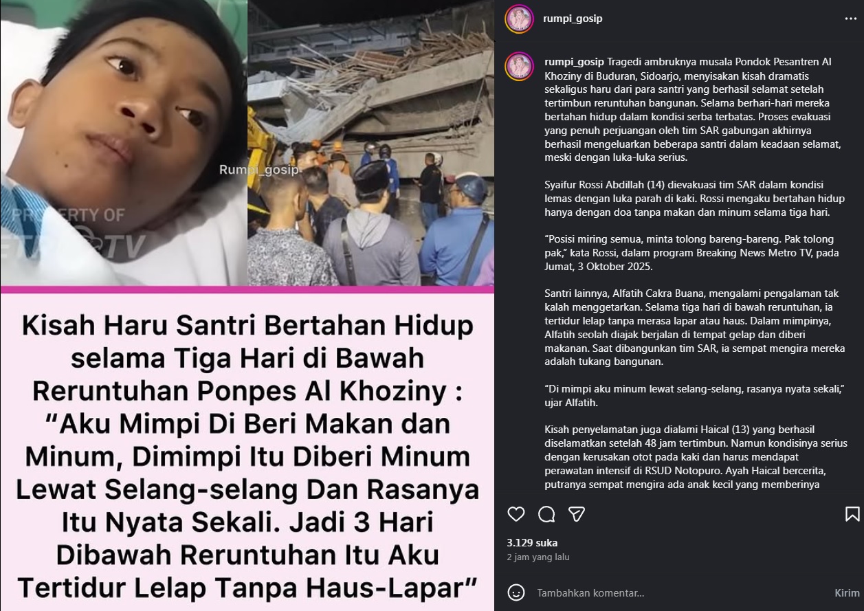 Alfatih bertahan hidup 3 hari di bawah reruntuhan Ponpes Al Khoziny